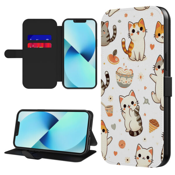 Leren bookcase hoesje iPhone 13 met poezen opdruk en pasjeshouder (1)