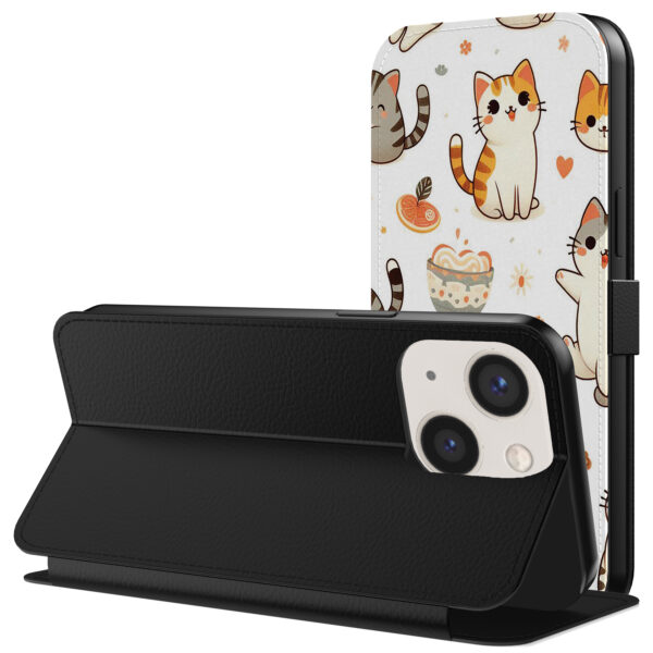 Leren bookcase hoesje iPhone 13 met poezen opdruk en pasjeshouder (3)