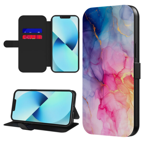 Leren bookcase hoesje iPhone 13 met regenboog marmer opdruk en pasjeshouder (1)