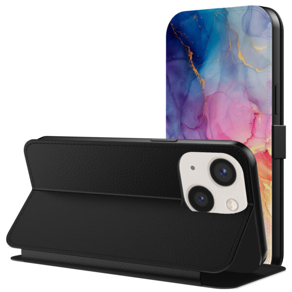 Leren bookcase hoesje iPhone 13 met regenboog marmer opdruk en pasjeshouder (3)