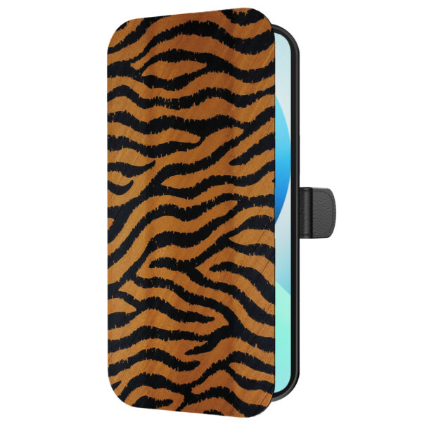 Leren bookcase hoesje iPhone 13 met tijger opdruk en pasjeshouder (5)