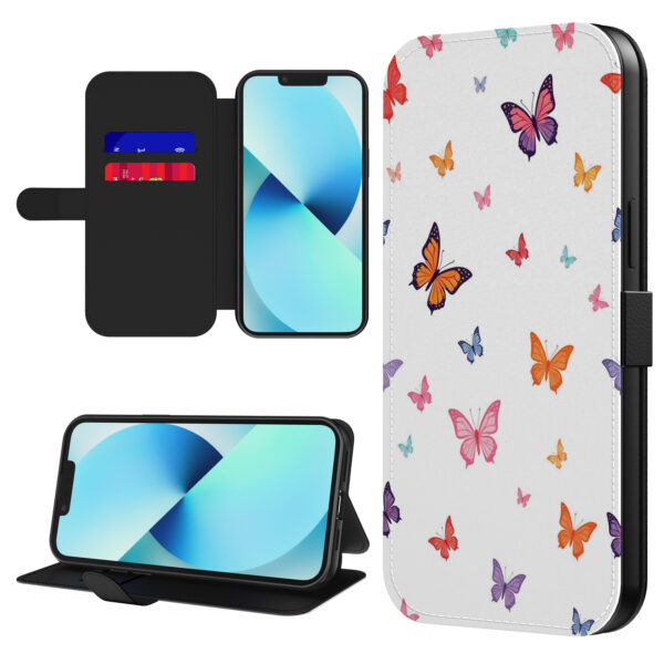 Leren bookcase hoesje iPhone 13 met vlinder opdruk en pasjeshouder (1)