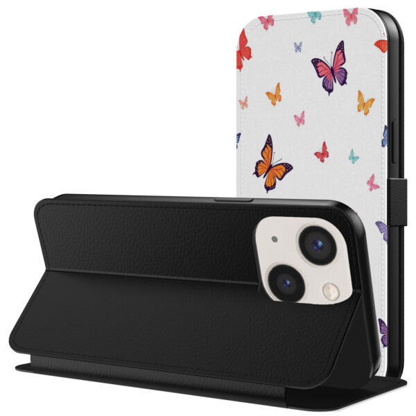 Leren bookcase hoesje iPhone 13 met vlinder opdruk en pasjeshouder (3)