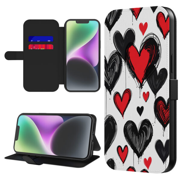 Leren bookcase hoesje iPhone 14 Plus met hartjes opdruk en pasjeshouder (1)