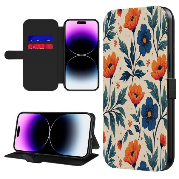Leren bookcase hoesje iPhone 14 Pro Max met blauwe en rode opdruk en pasjeshouder (1)