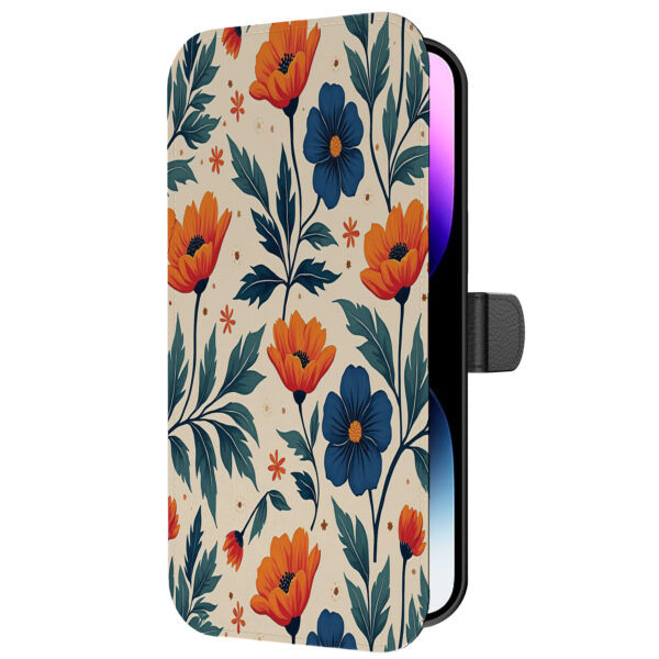 Leren bookcase hoesje iPhone 14 Pro Max met blauwe en rode opdruk en pasjeshouder (5)