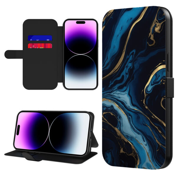 Leren bookcase hoesje iPhone 14 Pro Max met goud blauw marmer opdruk en pasjeshouder (1)