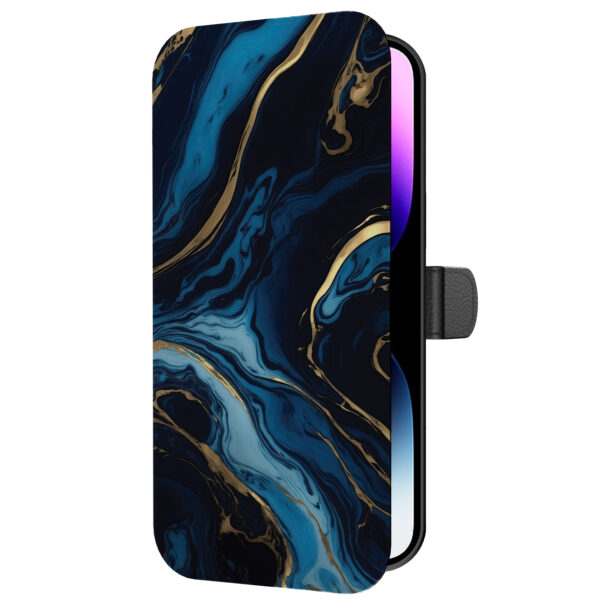 Leren bookcase hoesje iPhone 14 Pro Max met goud blauw marmer opdruk en pasjeshouder (5)