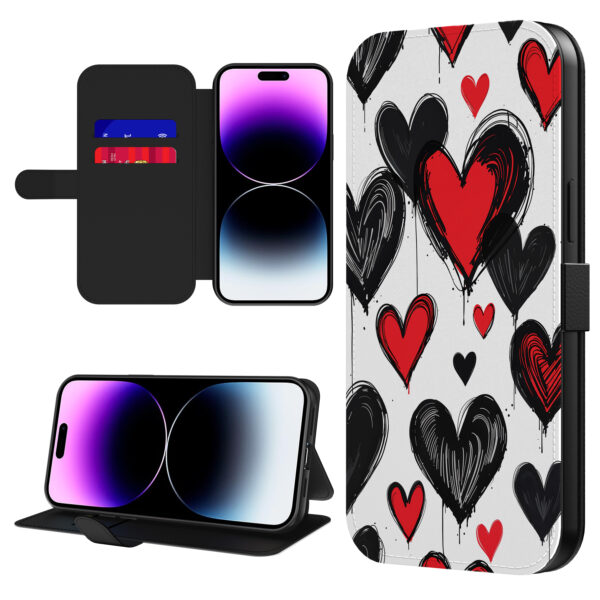 Leren bookcase hoesje iPhone 14 Pro Max met hartjes opdruk en pasjeshouder (1)