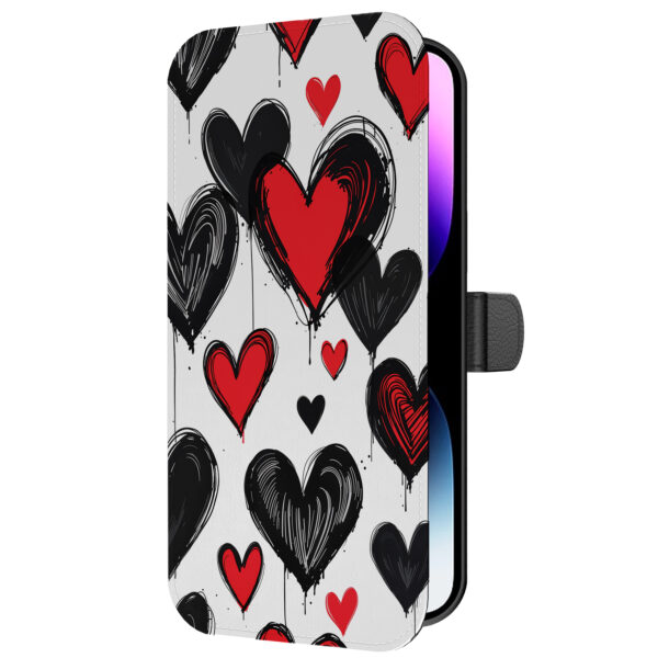 Leren bookcase hoesje iPhone 14 Pro Max met hartjes opdruk en pasjeshouder (5)