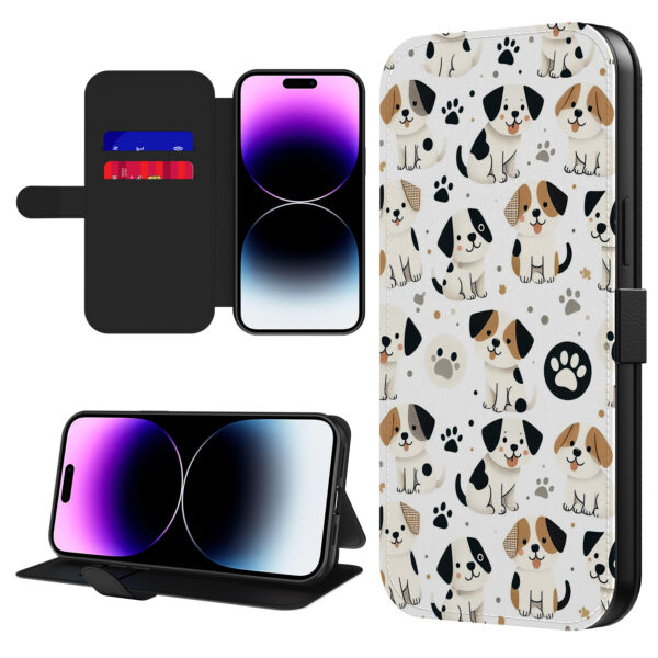 Leren bookcase hoesje iPhone 14 Pro Max met honden en pootjes opdruk en pasjeshouder (1)