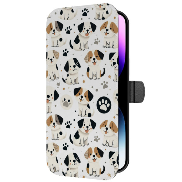 Leren bookcase hoesje iPhone 14 Pro Max met honden en pootjes opdruk en pasjeshouder (5)