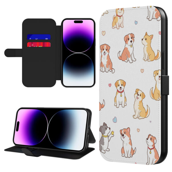 Leren bookcase hoesje iPhone 14 Pro Max met honden opdruk en pasjeshouder (1)