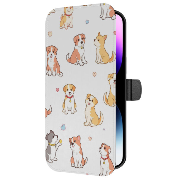 Leren bookcase hoesje iPhone 14 Pro Max met honden opdruk en pasjeshouder (5)