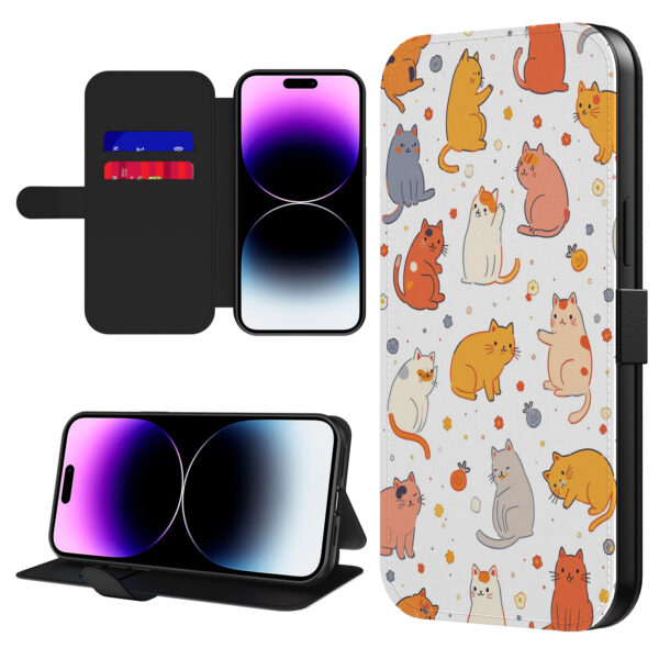 Leren bookcase hoesje iPhone 14 Pro Max met katten opdruk en pasjeshouder (1)