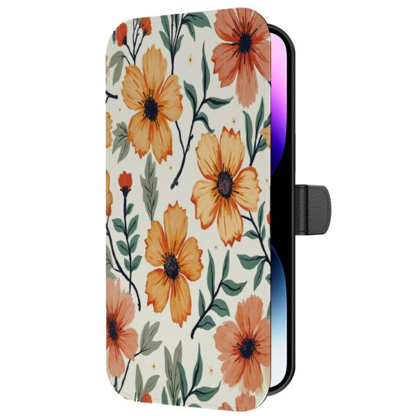 Leren bookcase hoesje iPhone 14 Pro Max met oranje en rode opdruk en pasjeshouder (5)