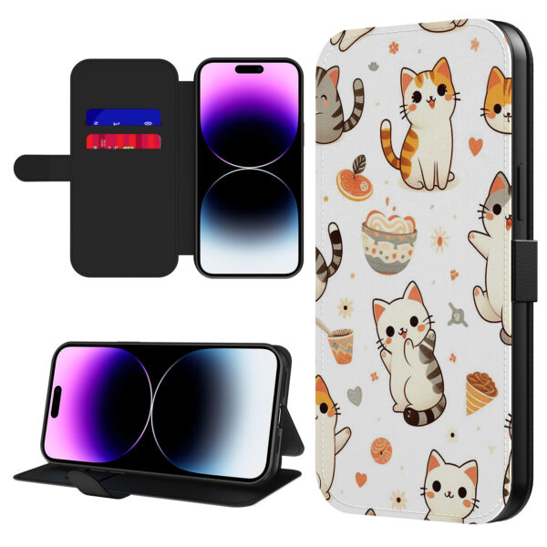 Leren bookcase hoesje iPhone 14 Pro Max met poezen opdruk en pasjeshouder (1)
