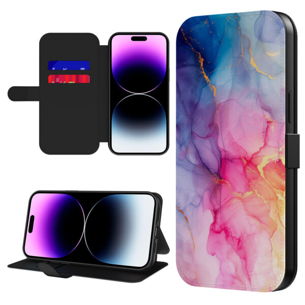 Leren bookcase hoesje iPhone 14 Pro Max met regenboog marmer opdruk en pasjeshouder (1)