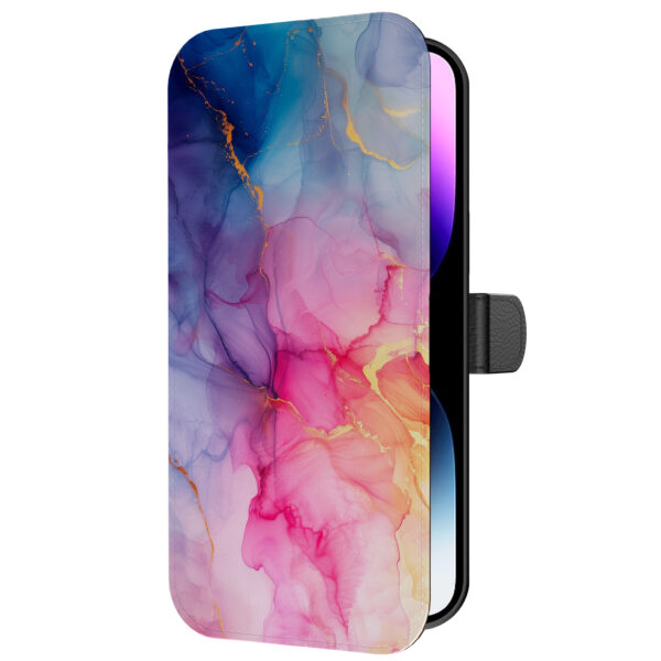 Leren bookcase hoesje iPhone 14 Pro Max met regenboog marmer opdruk en pasjeshouder (5)