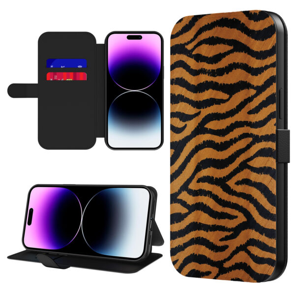 Leren bookcase hoesje iPhone 14 Pro Max met tijger opdruk en pasjeshouder (1)
