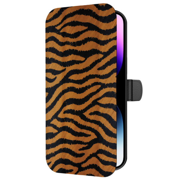 Leren bookcase hoesje iPhone 14 Pro Max met tijger opdruk en pasjeshouder (5)