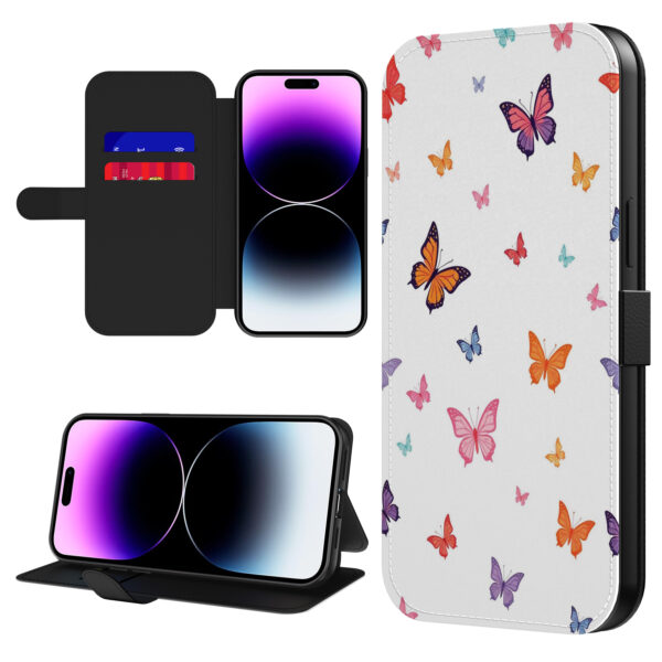 Leren bookcase hoesje iPhone 14 Pro Max met vlinder opdruk en pasjeshouder (1)