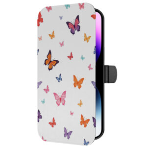 Leren bookcase hoesje iPhone 14 Pro Max met vlinder opdruk en pasjeshouder (5)