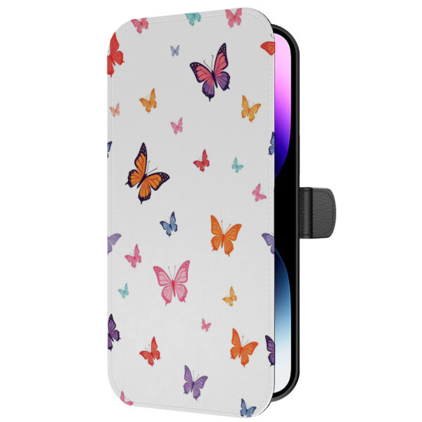 Leren bookcase hoesje iPhone 14 Pro Max met vlinder opdruk en pasjeshouder (5)