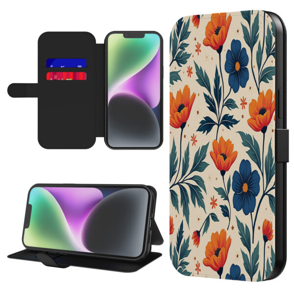 Leren bookcase hoesje iPhone 14 met blauwe en rode opdruk en pasjeshouder (1)