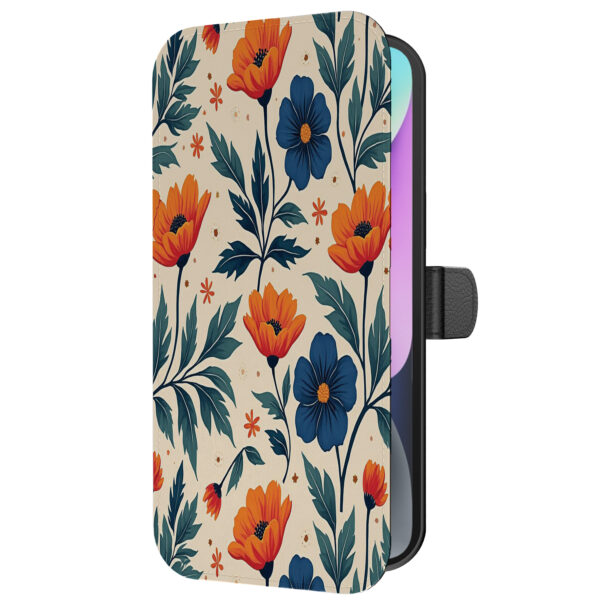 Leren bookcase hoesje iPhone 14 met blauwe en rode opdruk en pasjeshouder (5)