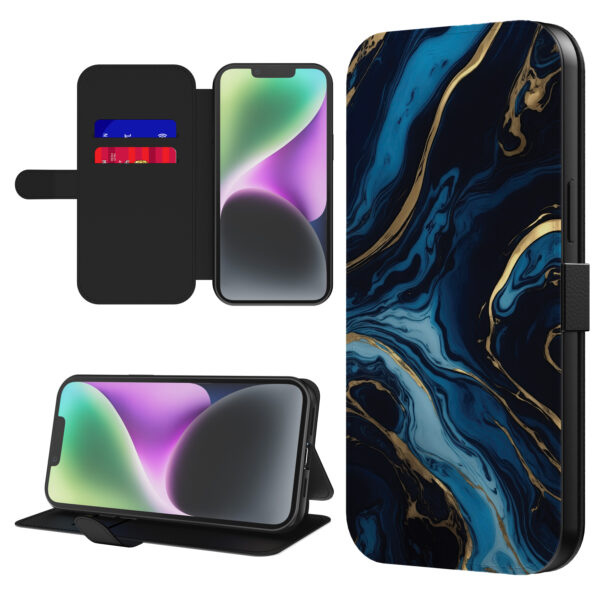 Leren bookcase hoesje iPhone 14 met goud blauw marmer opdruk en pasjeshouder (1)