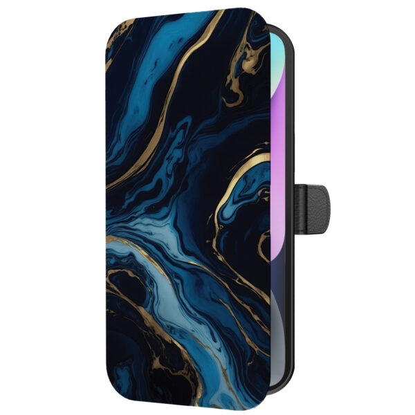 Leren bookcase hoesje iPhone 14 met goud blauw marmer opdruk en pasjeshouder (5)