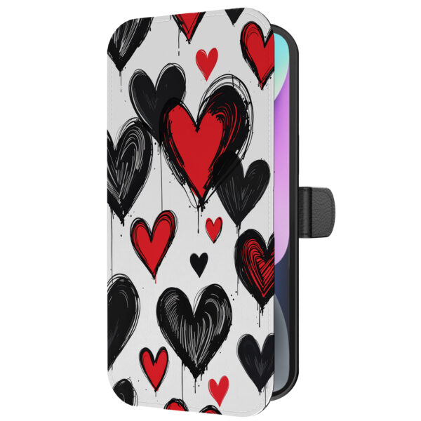 Leren bookcase hoesje iPhone 14 met hartjes opdruk en pasjeshouder (5)