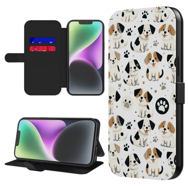 Leren bookcase hoesje iPhone 14 met honden en pootjes opdruk en pasjeshouder (1)