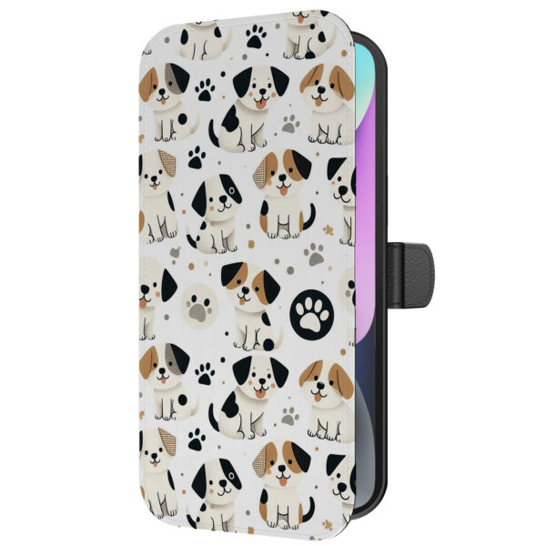 Leren bookcase hoesje iPhone 14 met honden en pootjes opdruk en pasjeshouder (5)