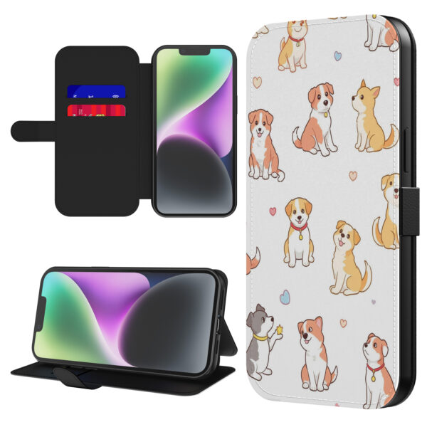 Leren bookcase hoesje iPhone 14 met honden opdruk en pasjeshouder (1)