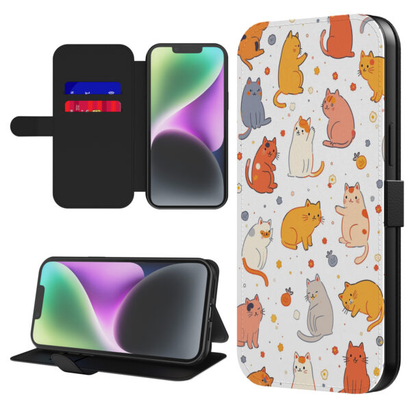Leren bookcase hoesje iPhone 14 met katten opdruk en pasjeshouder (1)