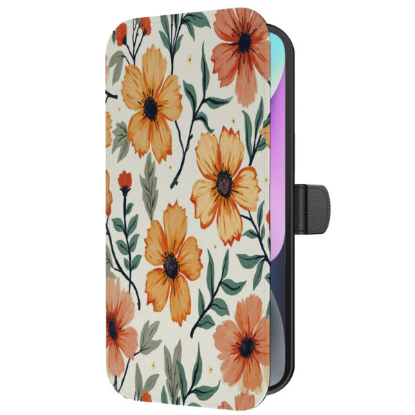 Leren bookcase hoesje iPhone 14 met oranje en rode opdruk en pasjeshouder (5)