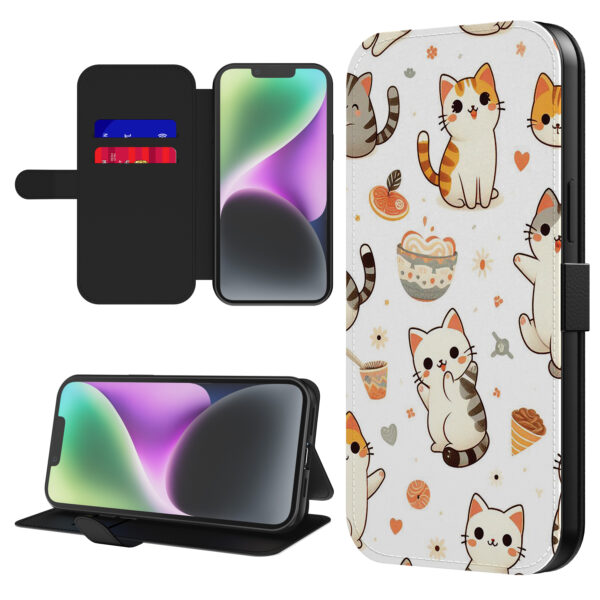 Leren bookcase hoesje iPhone 14 met poezen opdruk en pasjeshouder (1)