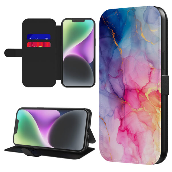 Leren bookcase hoesje iPhone 14 met regenboog marmer opdruk en pasjeshouder (1)