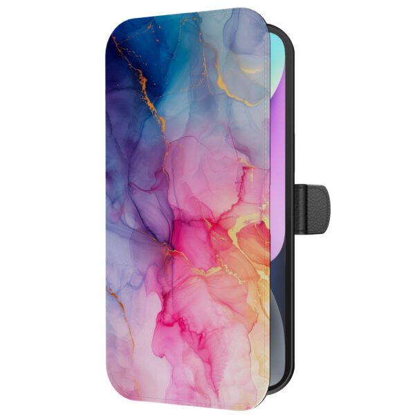 Leren bookcase hoesje iPhone 14 met regenboog marmer opdruk en pasjeshouder (5)