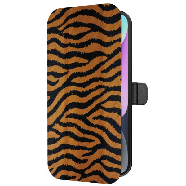 Leren bookcase hoesje iPhone 14 met tijger opdruk en pasjeshouder (5)