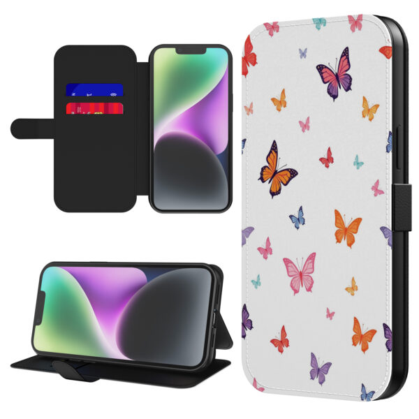 Leren bookcase hoesje iPhone 14 met vlinder opdruk en pasjeshouder (1)