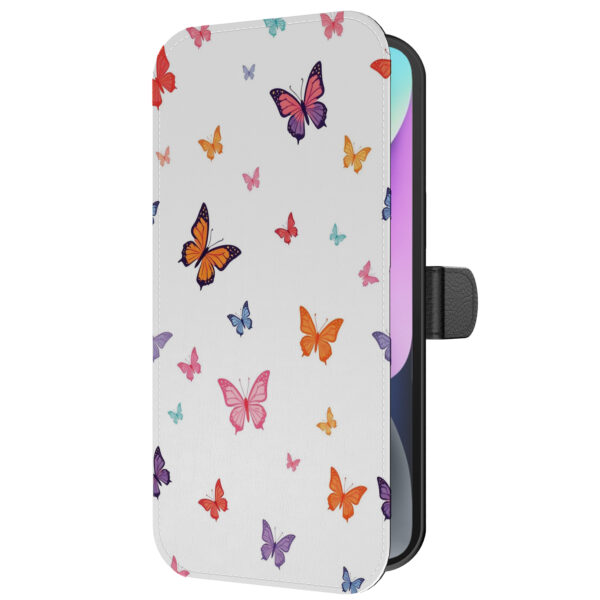 Leren bookcase hoesje iPhone 14 met vlinder opdruk en pasjeshouder (5)