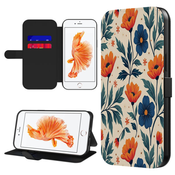 Leren bookcase hoesje iPhone 6-6s Plus met blauwe en rode bloemen opdruk en pasjeshouder (1)