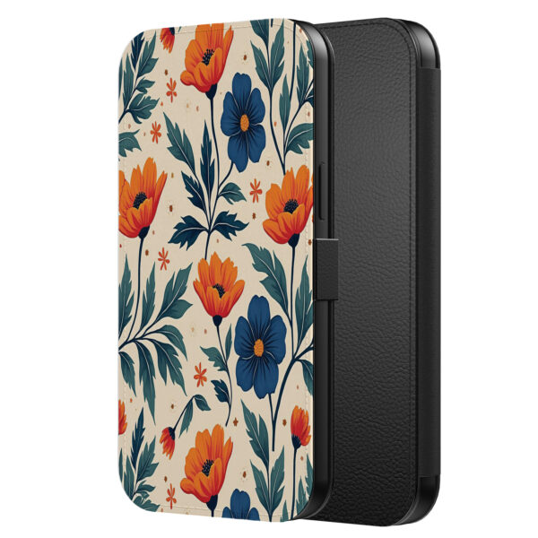Leren bookcase hoesje iPhone 6-6s Plus met blauwe en rode bloemen opdruk en pasjeshouder (2)