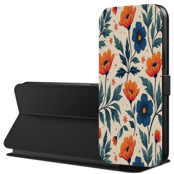 Leren bookcase hoesje iPhone 6-6s Plus met blauwe en rode bloemen opdruk en pasjeshouder (3)