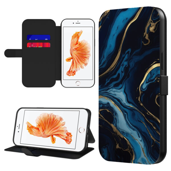 Leren bookcase hoesje iPhone 6-6s Plus met goud blauw marmer opdruk en pasjeshouder (1)