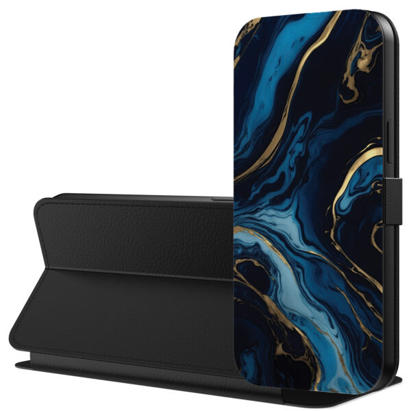 Leren bookcase hoesje iPhone 6-6s Plus met goud blauw marmer opdruk en pasjeshouder (3)