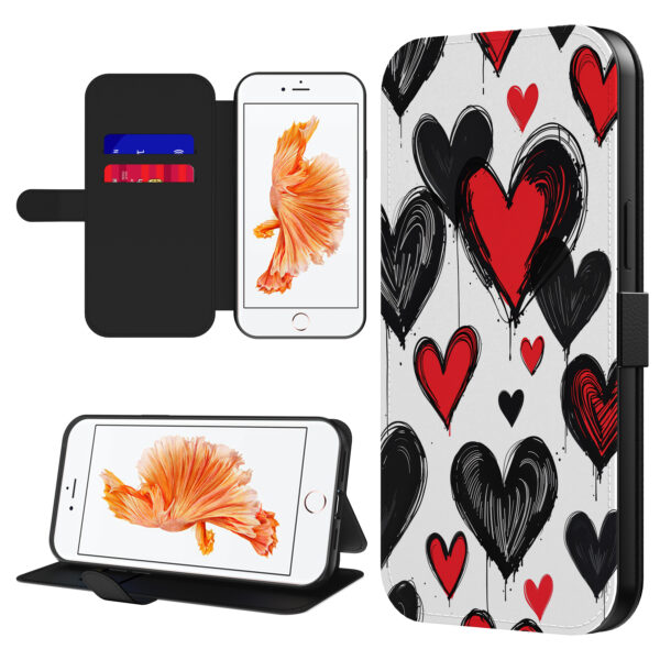 Leren bookcase hoesje iPhone 6-6s Plus met hartjes opdruk en pasjeshouder (1)
